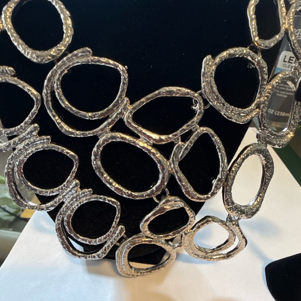 Silver Hammered Statement Necklace Set Modern Bib… - image 6